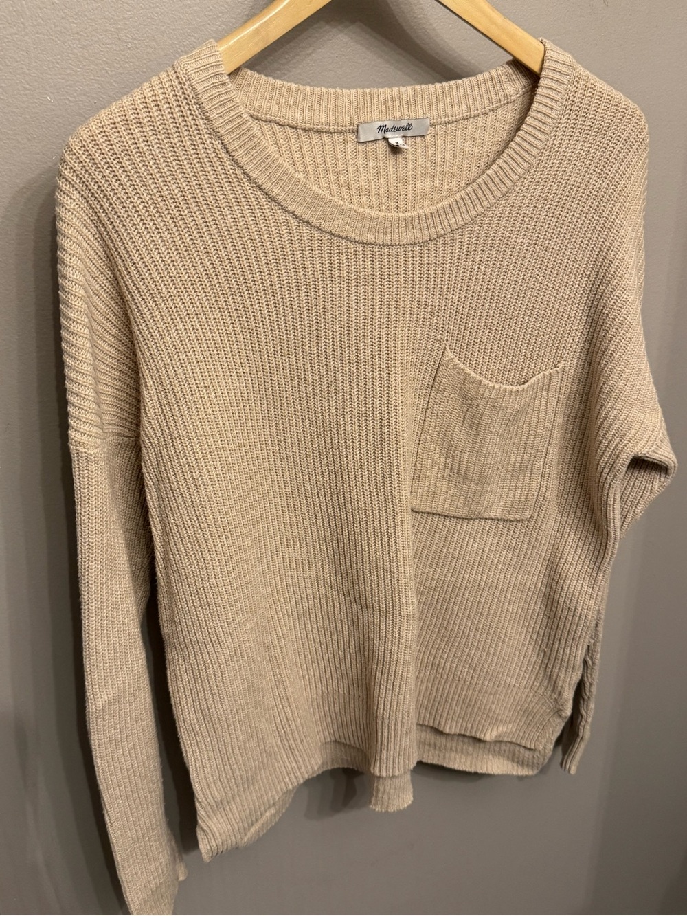 Madewell Tan Ribbed Crewneck Sweater with Front Pocket